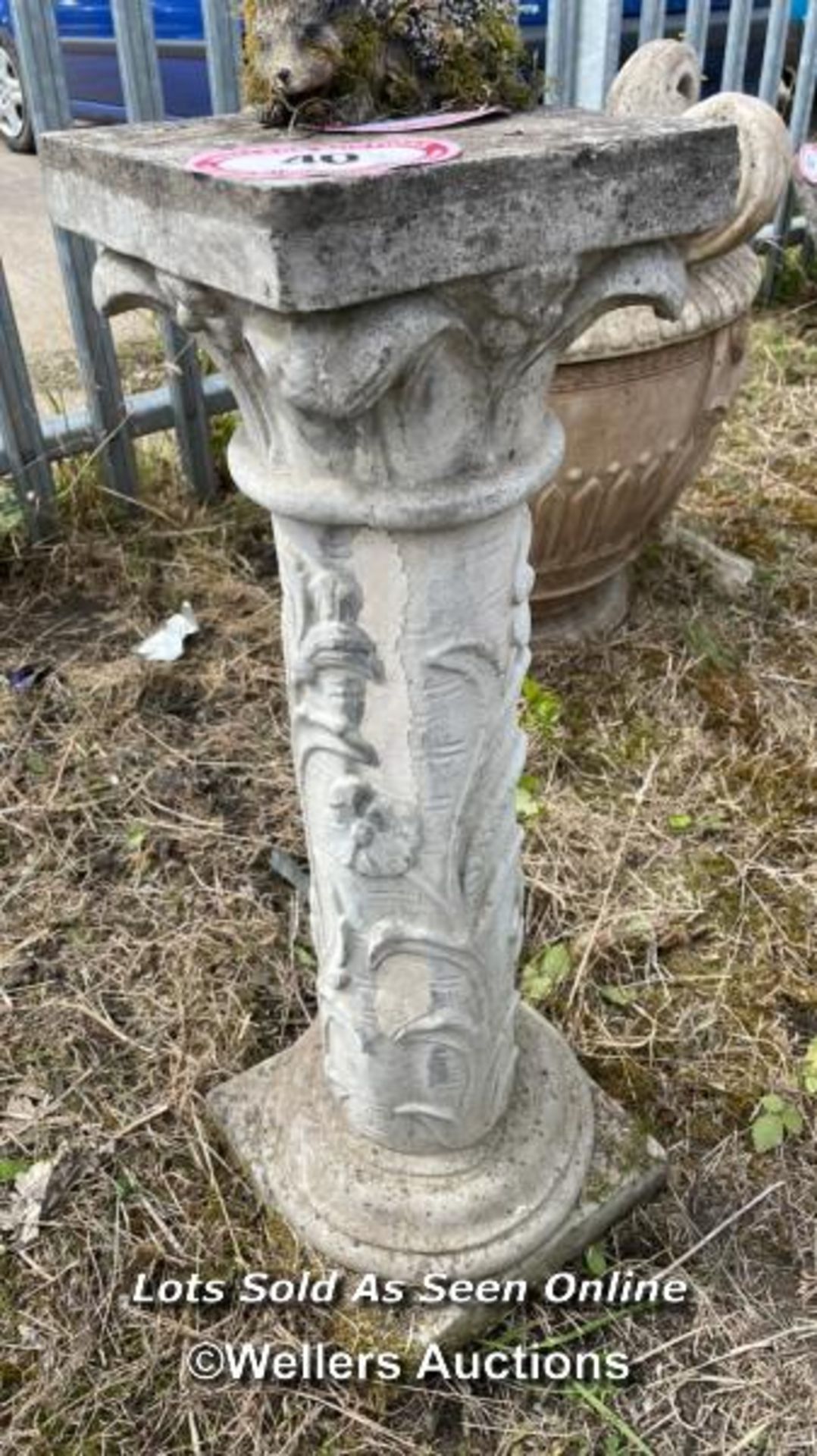 *RECONSTITUTED STONE PLINTH, WITH FLORAL DETAILING, 82CM (H) X 29CM (W) X 29CM (H) / COLLECTION