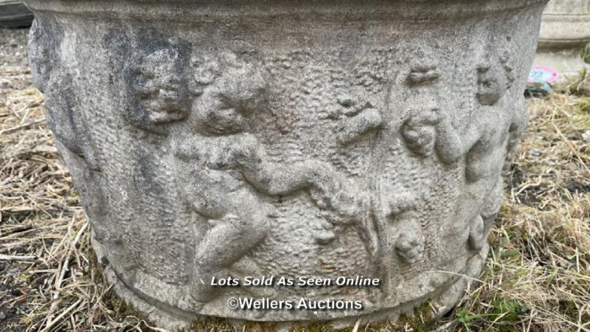 *RECONSTITUTED STONE POT DECORATED WITH PRANCING CHERUBS, 37CM (H) X 60CM (DIA) / COLLECTION LOCATI - Image 2 of 4