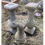 *THREE ASSORTED RECONTITUTED STONE CANDLE STICK HOLDERS, 45.5CM (H) / COLLECTION LOCATION: