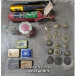 Mixed lot. Vintage fire extinguishers, horse brasses, tin with draughts pieces, old tins