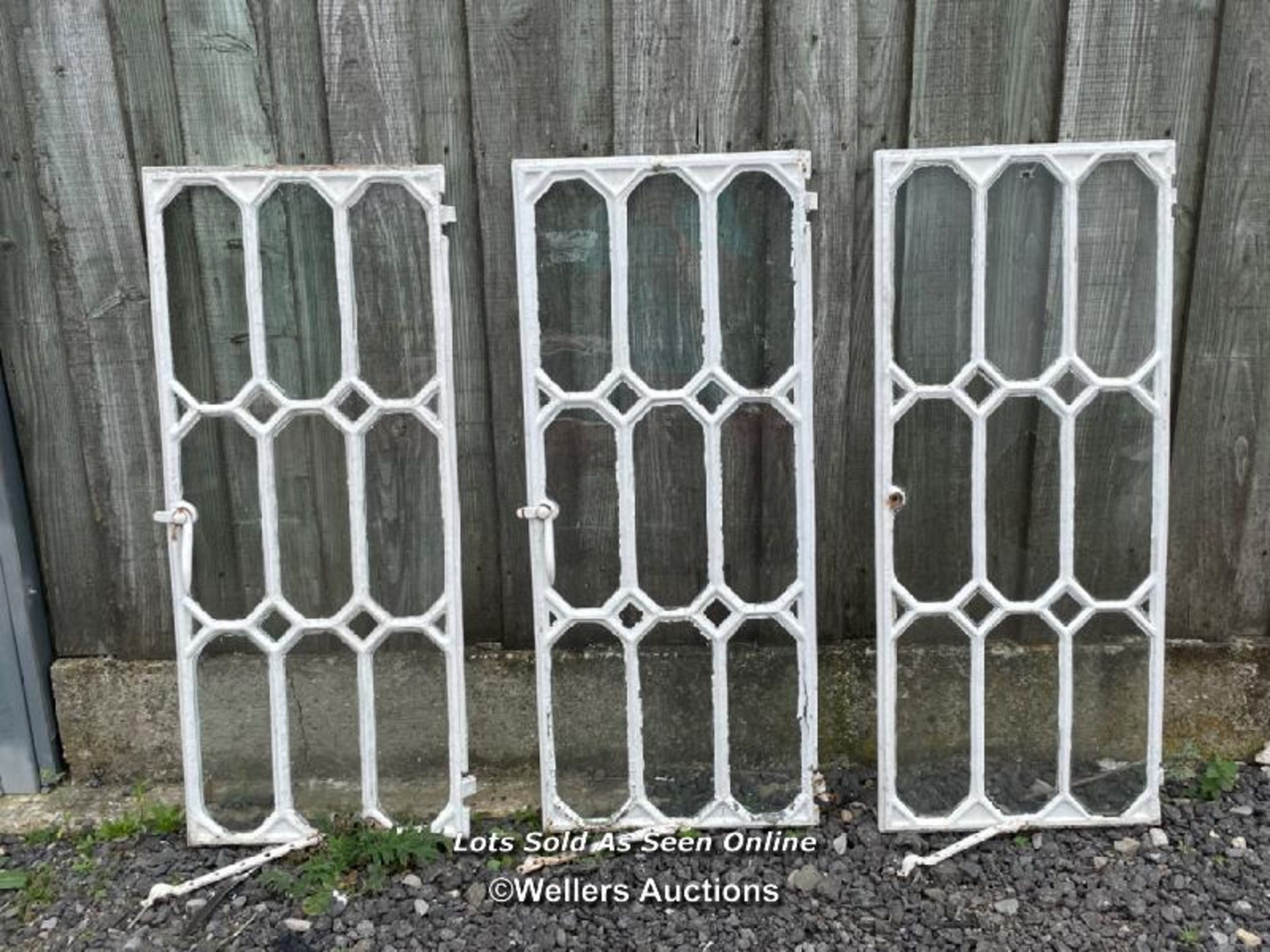 3 cast iron windows for restoration. Circa 1870 from Canning works Finchdean. 46cm by 113cm each.