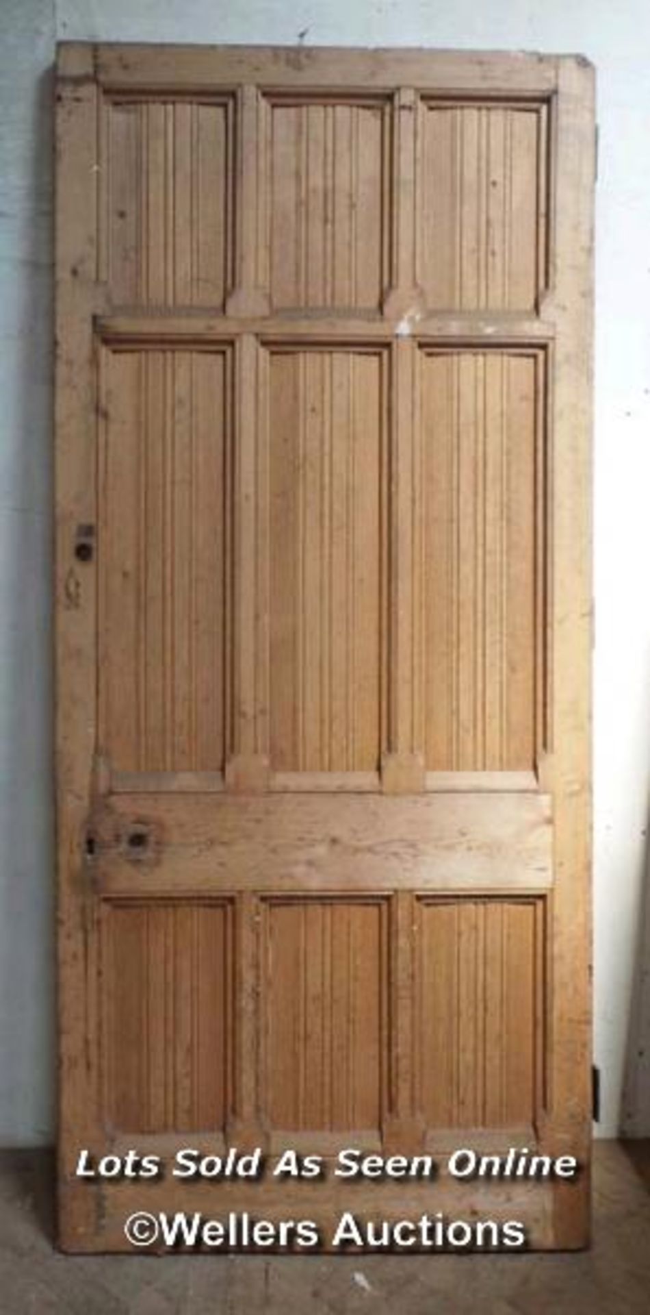 Carved linen fold panel Victorian pine door designed by George Gilbert Scott from the Midland Hotel,