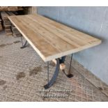 Dining table with wrought iron base and reclaimed pine top and stretcher. 8 seater. 198cm L x 78cm W