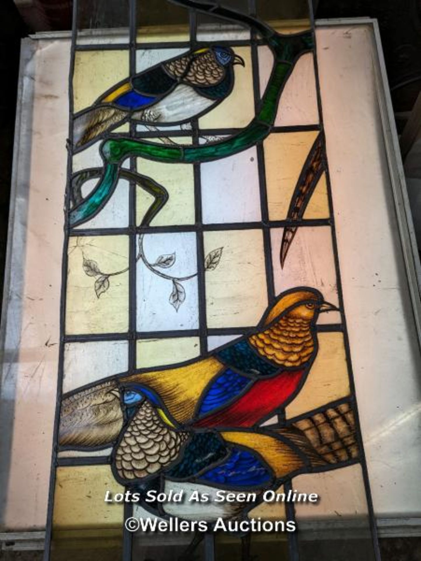 Series of three stained glass panels with handpainted birds of the field. Small areas of damage. - Image 4 of 6
