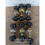 6 pairs of ebonised hardwood door knobs. 5 with brass backplates and a single pair with nickel