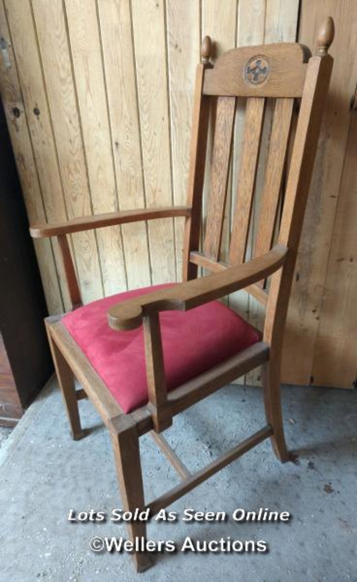 Oak arts and crafts carved high back chair. Cushion seat. 113cm high. Good condition - Image 5 of 6