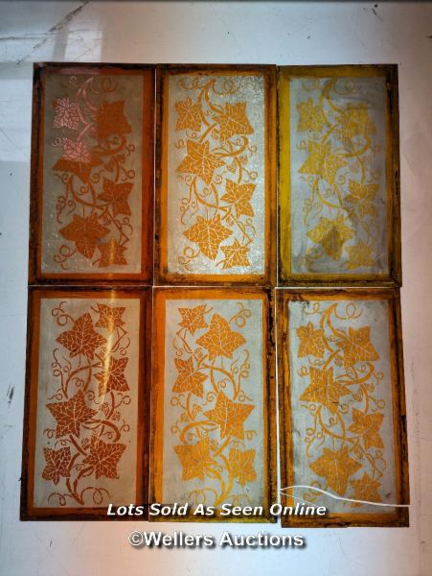 6 pieces of etched Victorian glass. Leaf design. One piece broken. 15cm x 28cm