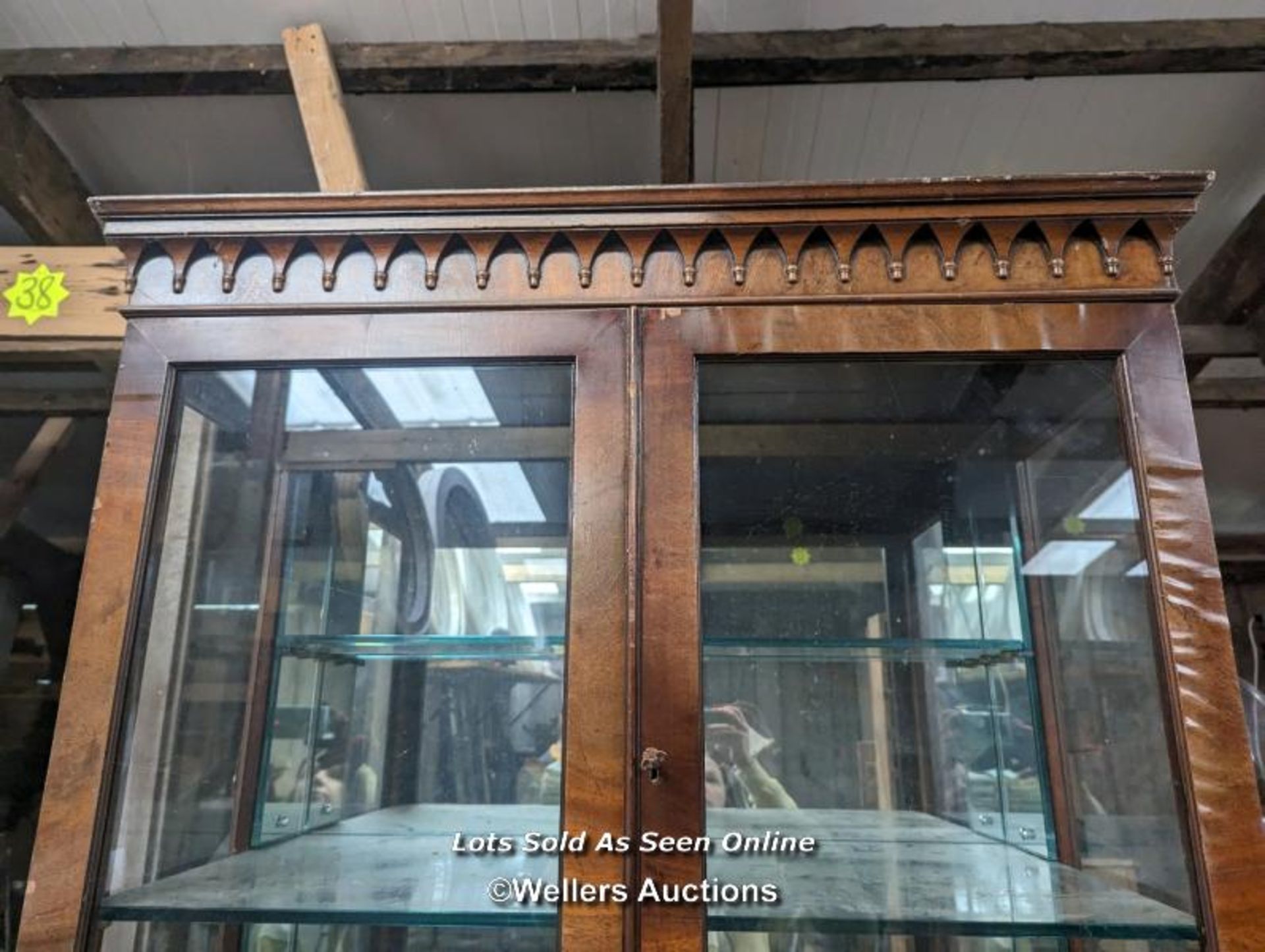 A solid walnut and veneered walnut display cabinet. Some veneer damaged and peeling. Mirrored back - Image 4 of 6