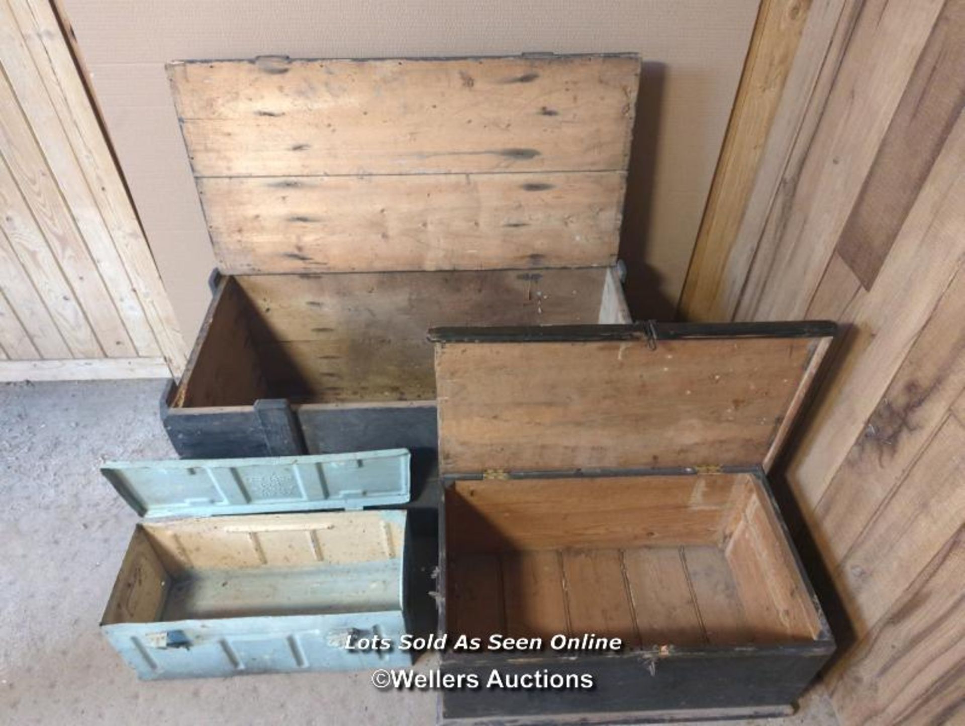 3 boxes. Pine blanket box, some trim from lid missing. Metal ammo box. Naval box belonging to - Image 2 of 6