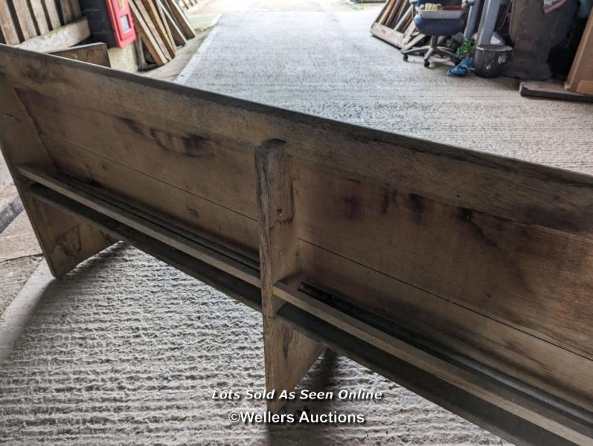 A pair of solid oak pews. Grey colour and dirty due to being stored briefly outside. Height 84cm, - Image 5 of 11