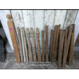 Batch of 16 oak spindles with carved Gothic detail 70 to 80cm long plus pine newel post and three
