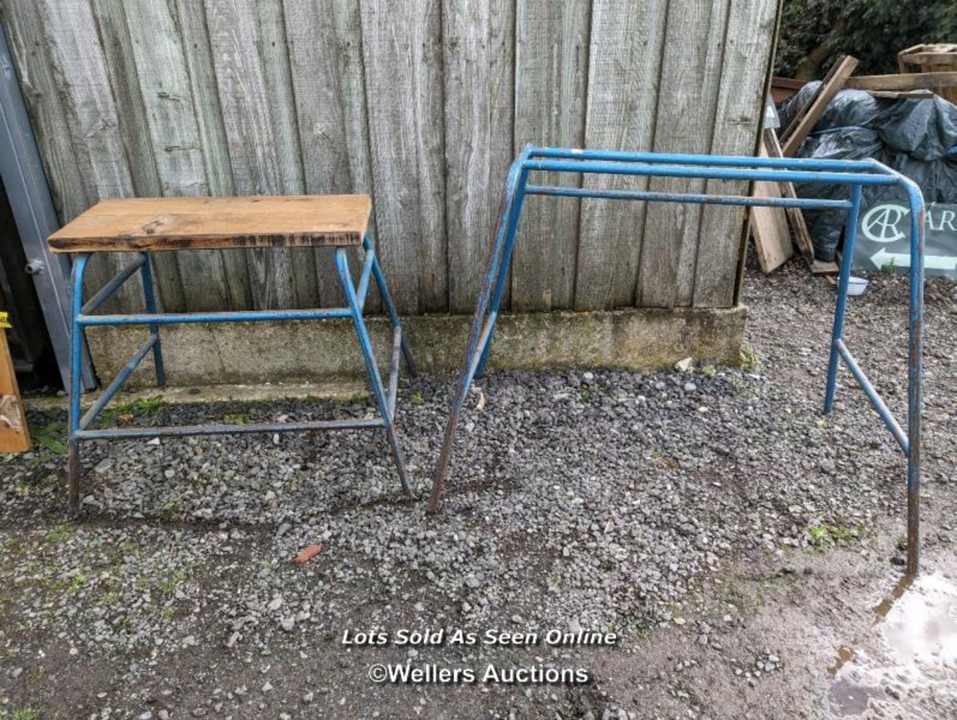 2 pieces of Gym equipment from Haslemere Heights school. 1950s vintage. One with an oak seat.