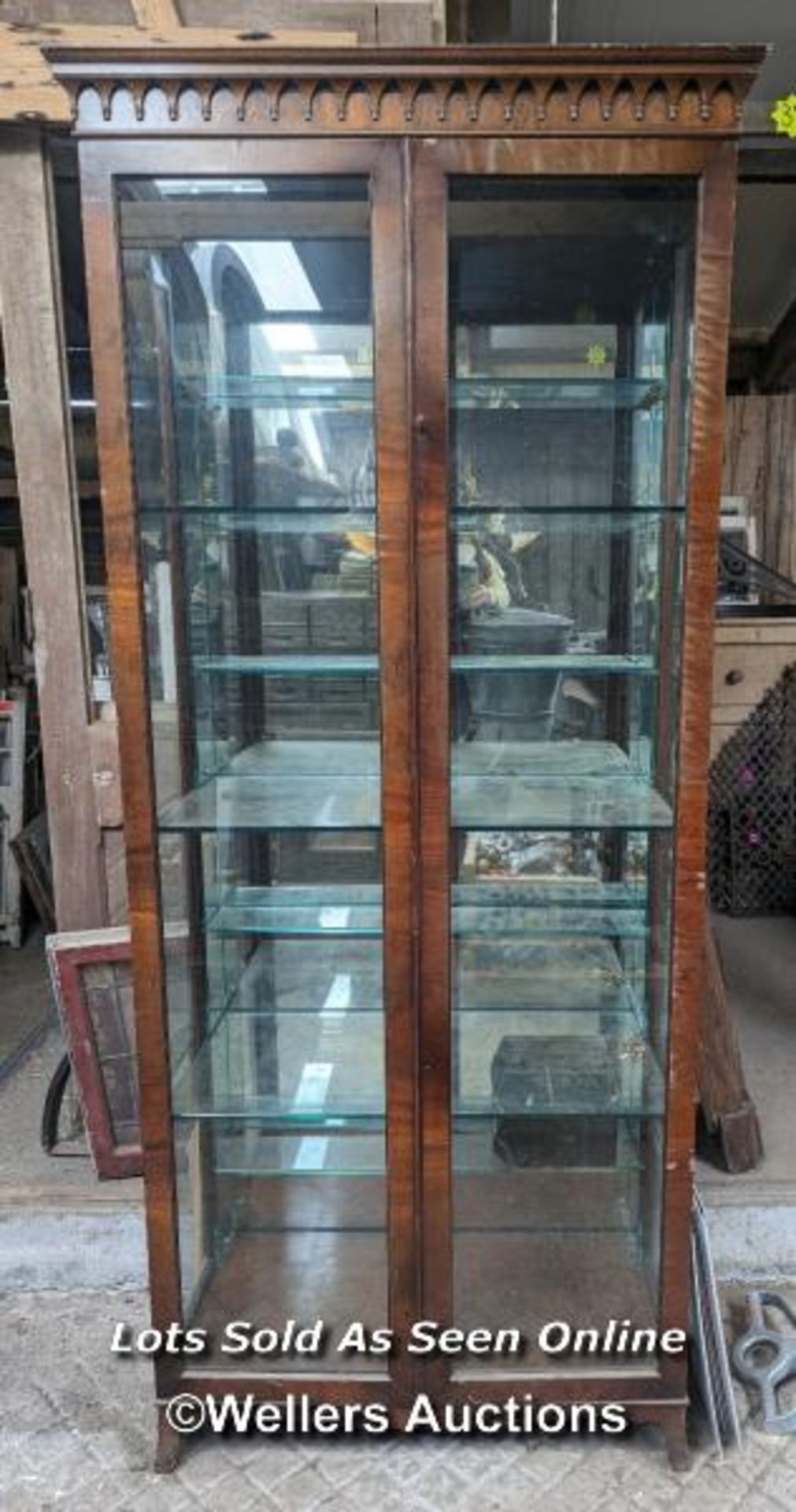 A solid walnut and veneered walnut display cabinet. Some veneer damaged and peeling. Mirrored back - Image 5 of 6