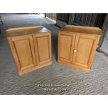A pair of Victorian pine bedside cabinets, brass hinges and concealed slide bolts. 2 shelves per