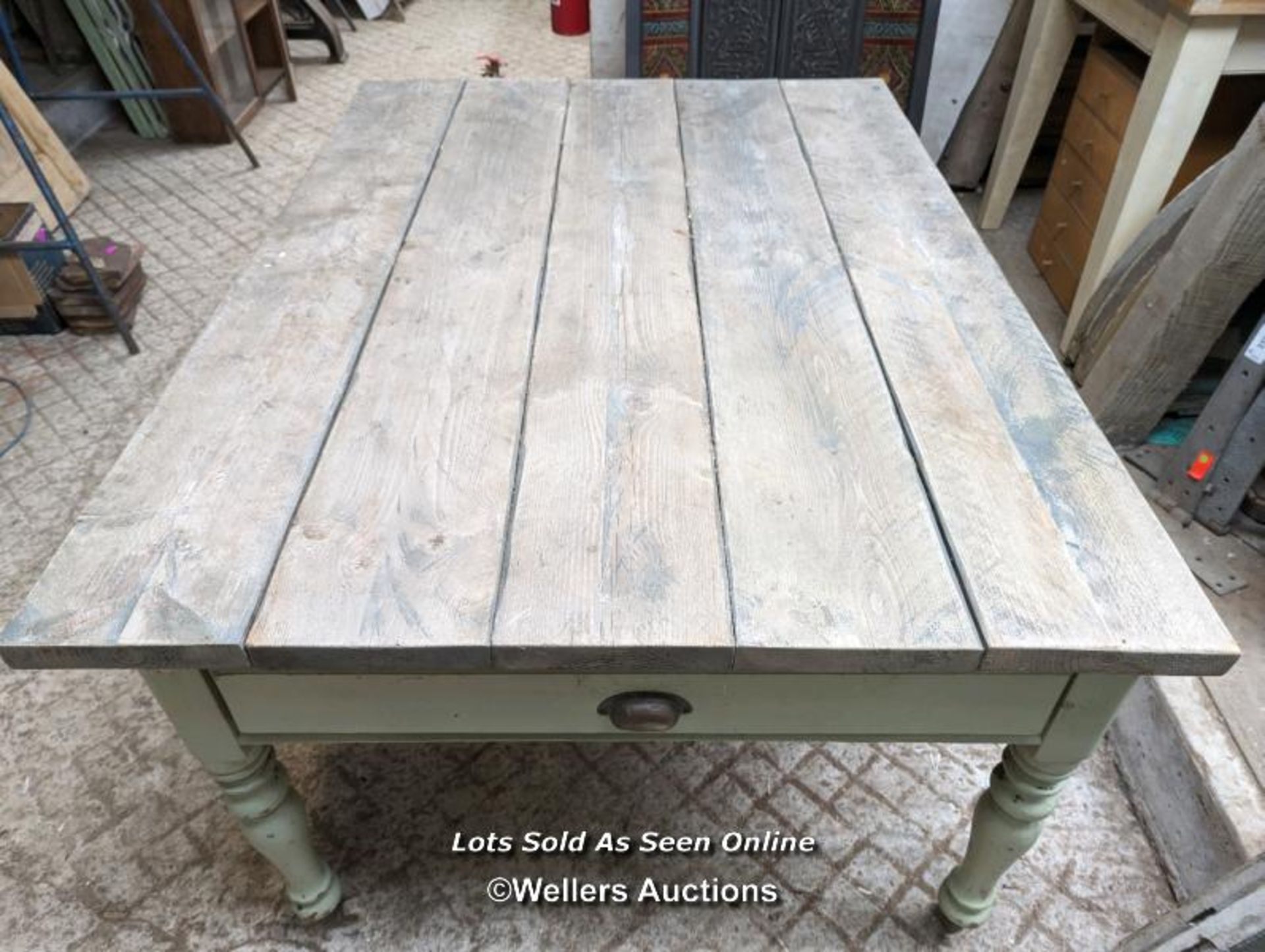 Pine dining table. Compact 6 to 8 seats design. Painted base with green paint. Some paint failure. - Image 2 of 7