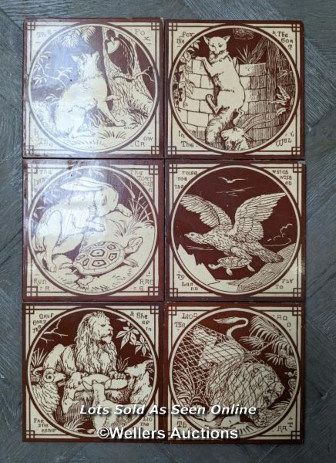 Set of 6 Minton aesop's fables tiles. Possibly designed by J Moyr Smith 1872 to 1875. 6" x 6". Small