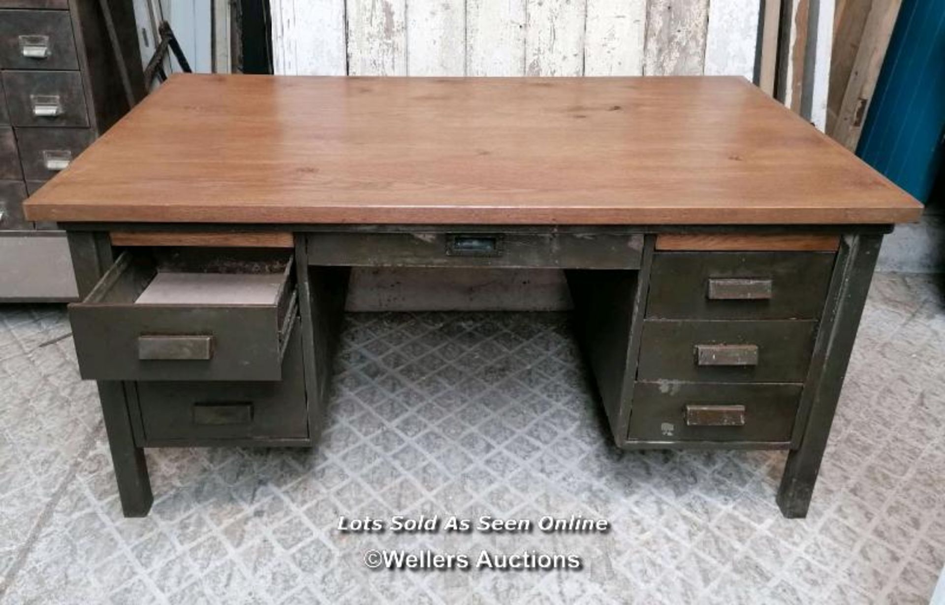 A vintage metal knee hole desk with later oak top. 157cm W x 76cm H x 89cm D. Some marks, ex shop - Image 3 of 6