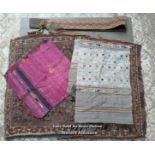 Selection of woven cloth items including two antique kilim bag fronts, two silk thai runners and