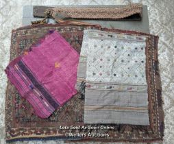 Selection of woven cloth items including two antique kilim bag fronts, two silk thai runners and
