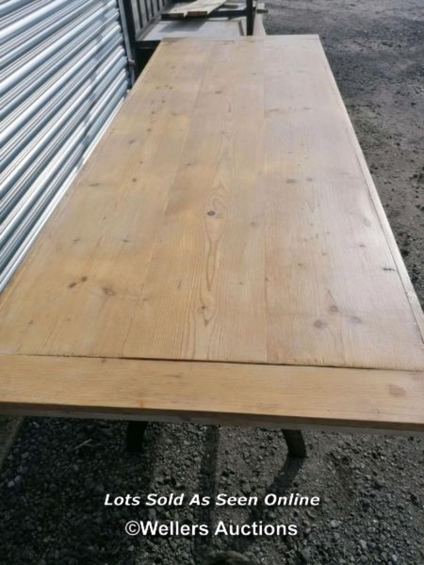 Dining table with cast iron base and reclaimed pine top. 8 to 10 seater. 240cm L x 88cm W x 76cm - Image 4 of 5