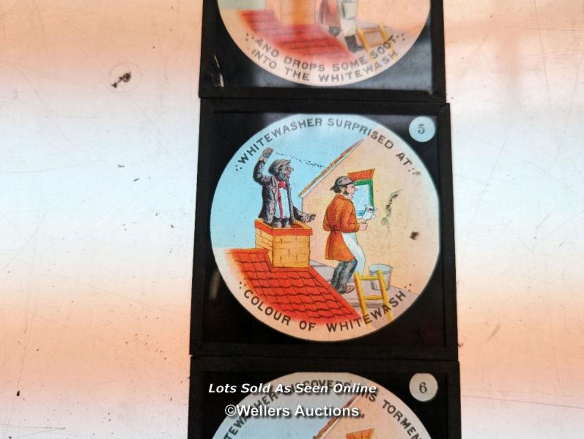 Set of 6 magic lantern slides 'the sweep and whitewasher' some missing from full set. 8.3cm x 8.3cm - Image 2 of 4