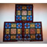 3 pieces of good Victorian handpainted stained glass panels. Some damage, see photos. Size each 27cm