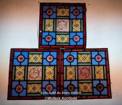 3 pieces of good Victorian handpainted stained glass panels. Some damage, see photos. Size each 27cm