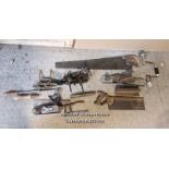 Batch of old wood working tools including planes, saws, bib and brace