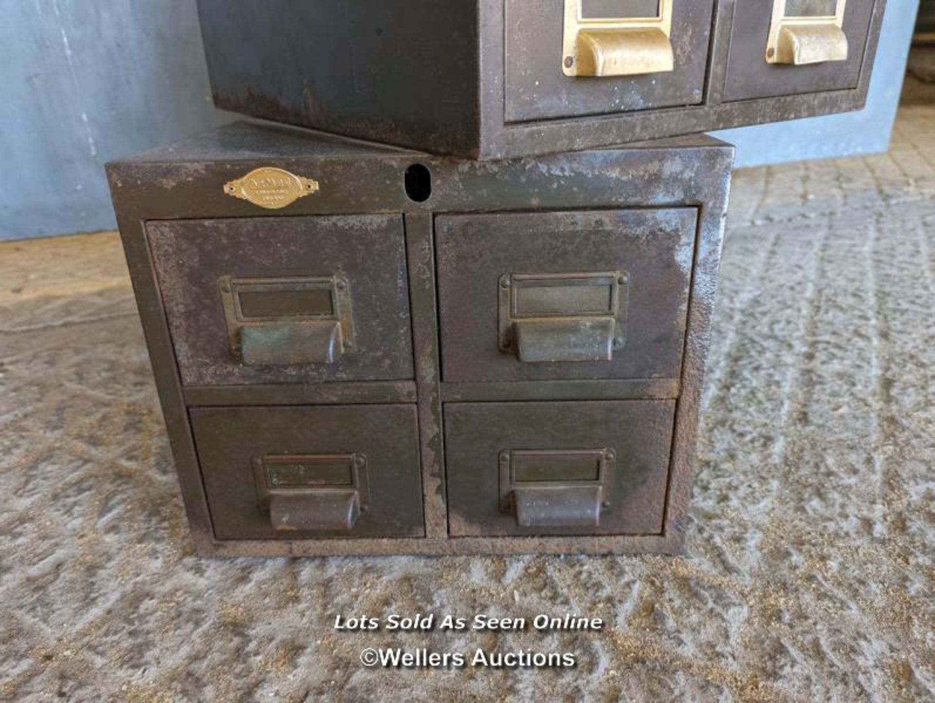 2 metal four drawer filing cabinets C1930 with brass handles/card holders. Some rust and paint loss - Image 5 of 6