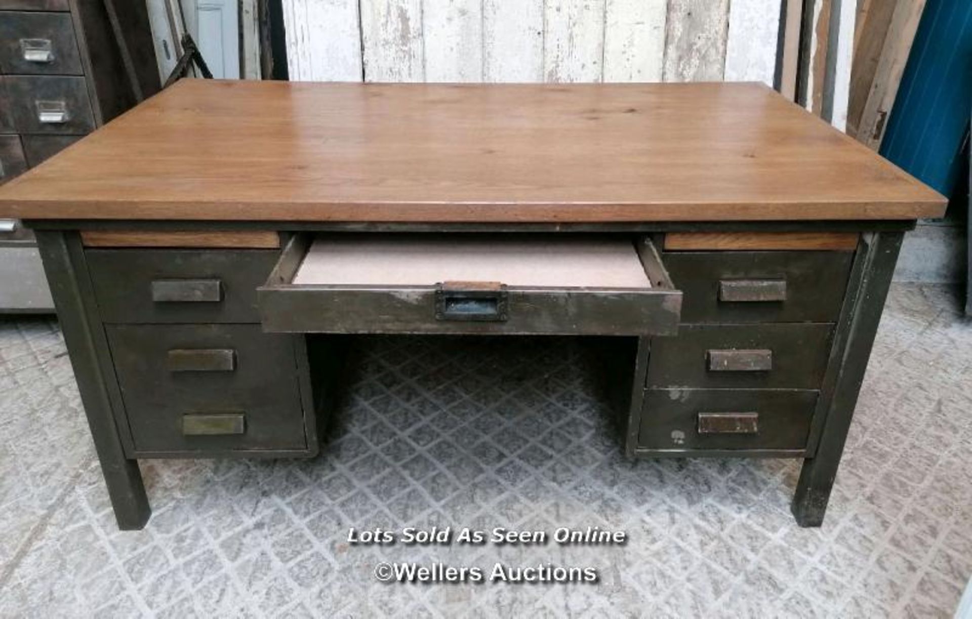 A vintage metal knee hole desk with later oak top. 157cm W x 76cm H x 89cm D. Some marks, ex shop - Image 2 of 6