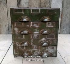 Metal industrial drawer unit. Remains of original green paint. For restoration. All drawers run.