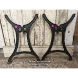 Pair of metal table ends. Cast iron, 74cm H x approx 50cm W