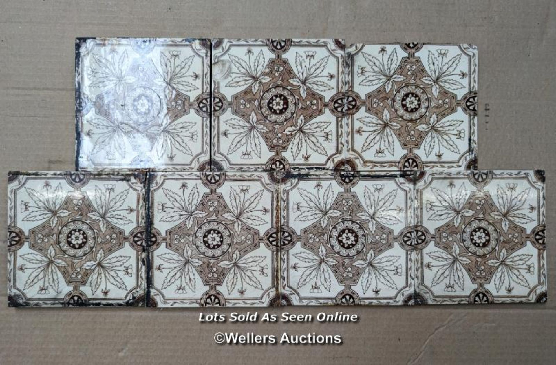 7 Victorian transfer printed tiles, 6" x 6"