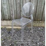 Clear plastic 'ghost chair', 89cm x 41cm x 41cm.