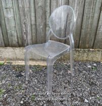 Clear plastic 'ghost chair', 89cm x 41cm x 41cm.