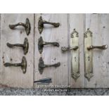 5 pairs of French style brass lever handles. Backplates of larger handles are 32cm.