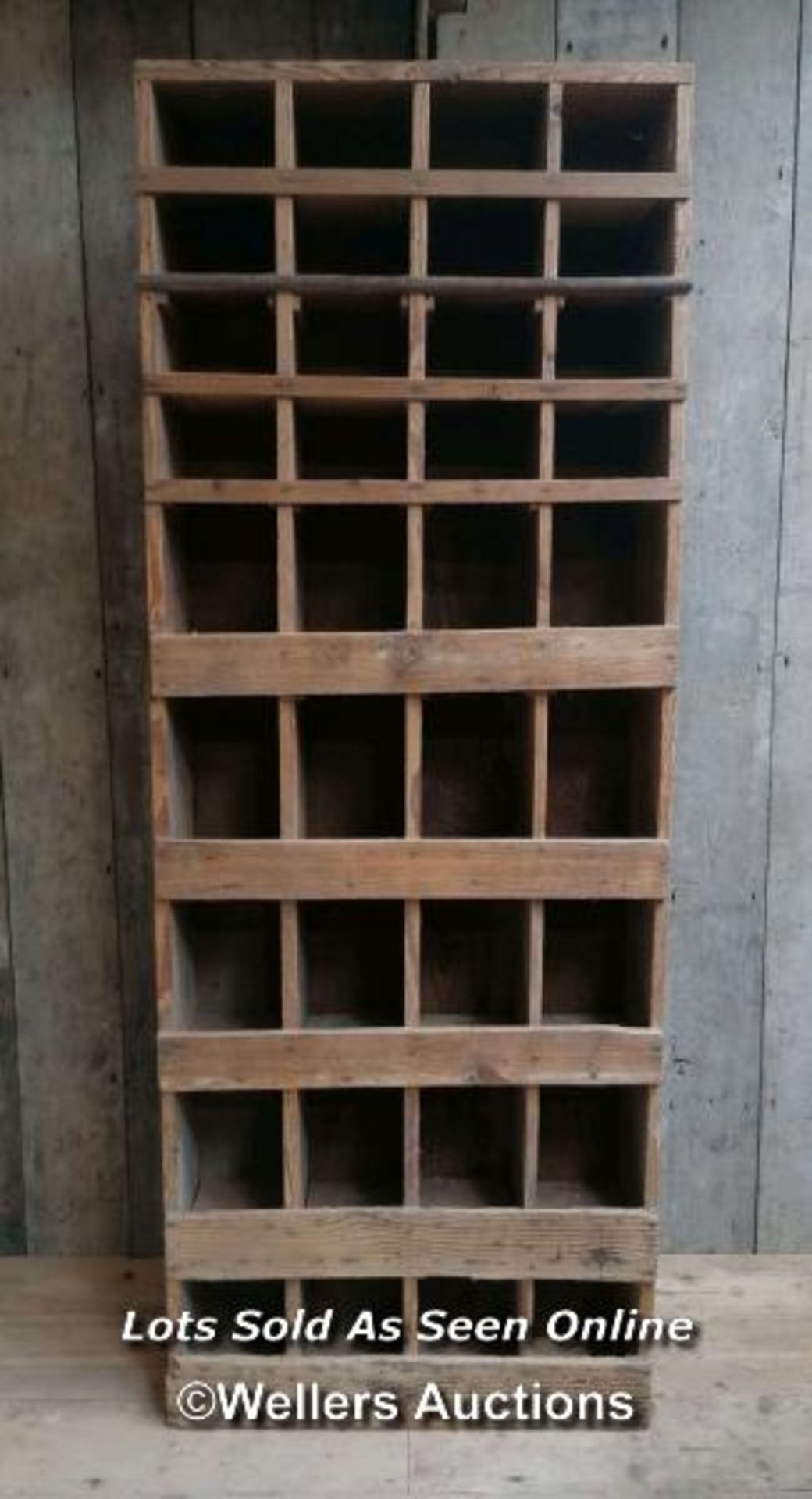 Old pine cigar holder, cubby hole from a tobacconists. 36 spaces. 170cm H x 65cm W x 21cm D
