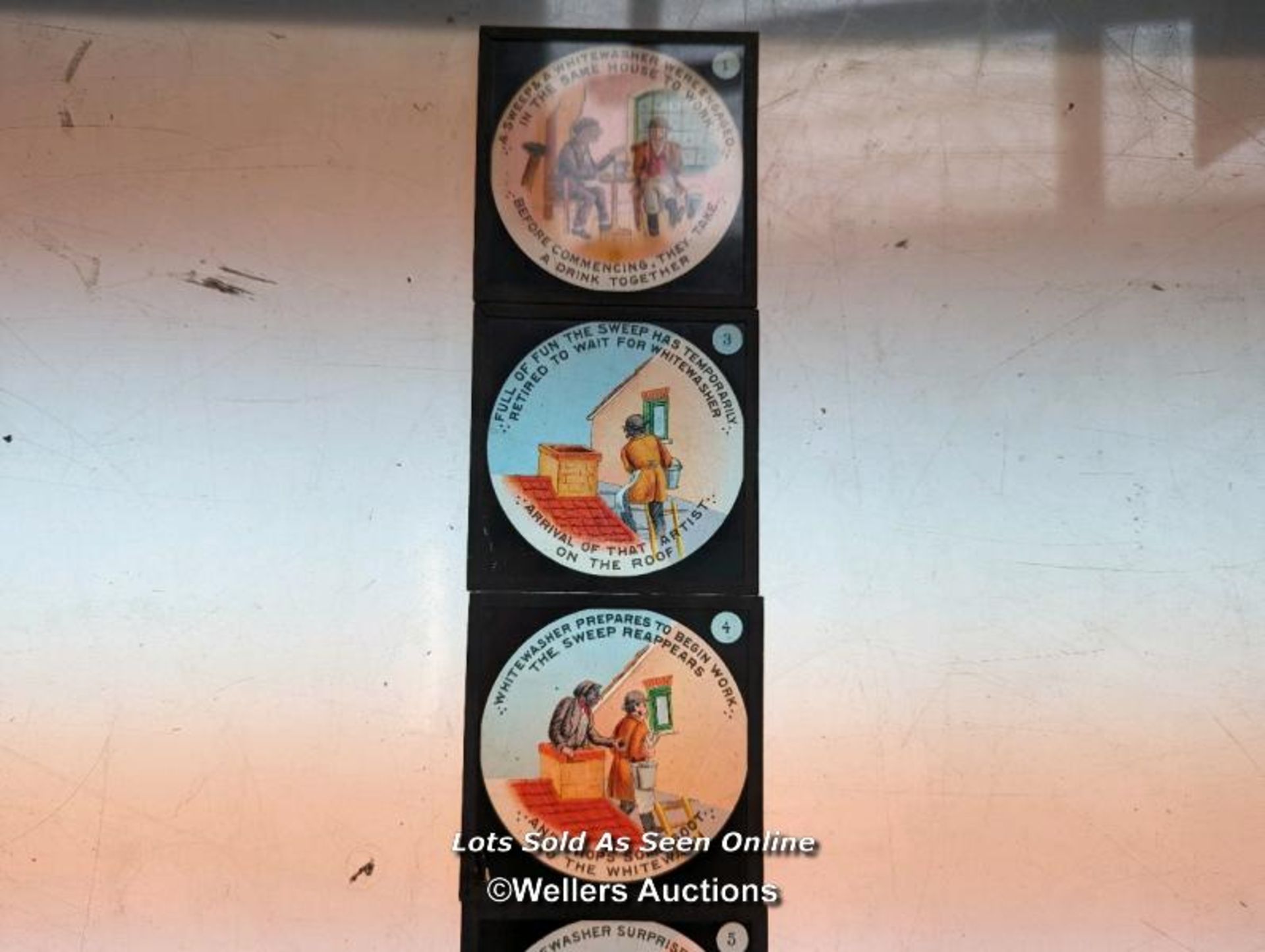 Set of 6 magic lantern slides 'the sweep and whitewasher' some missing from full set. 8.3cm x 8.3cm - Image 4 of 4