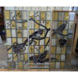 Series of three stained glass panels with handpainted birds of the field. Small areas of damage.