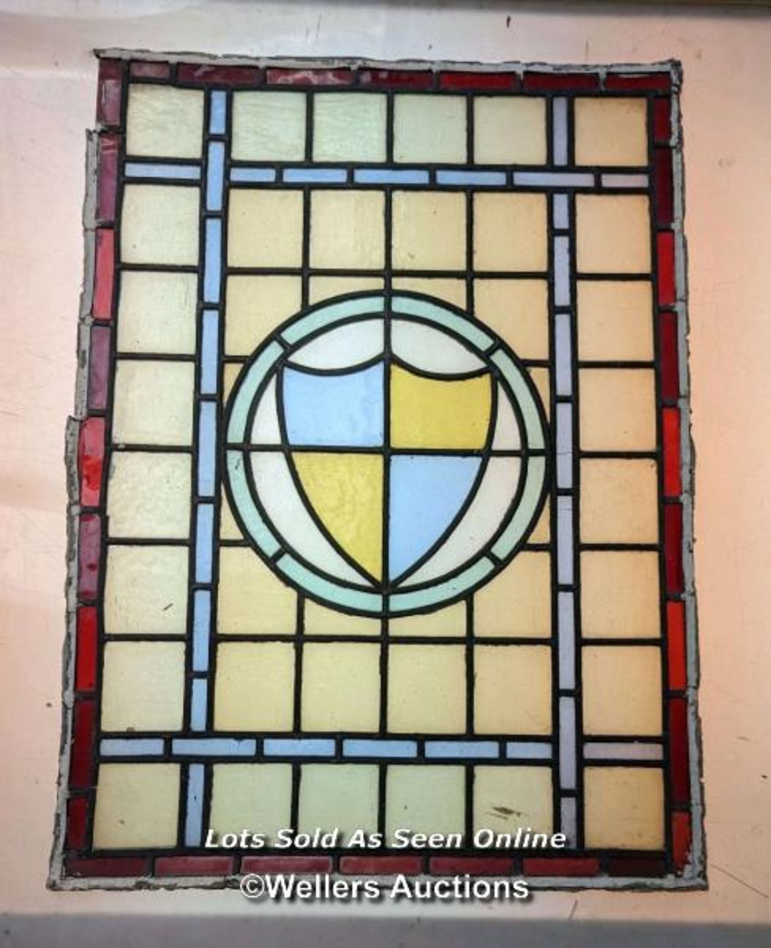 Set of 5 stained glass panels C1910. widths from 39cm to 46cm x 62cm