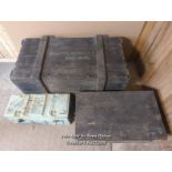 3 boxes. Pine blanket box, some trim from lid missing. Metal ammo box. Naval box belonging to