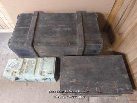 3 boxes. Pine blanket box, some trim from lid missing. Metal ammo box. Naval box belonging to