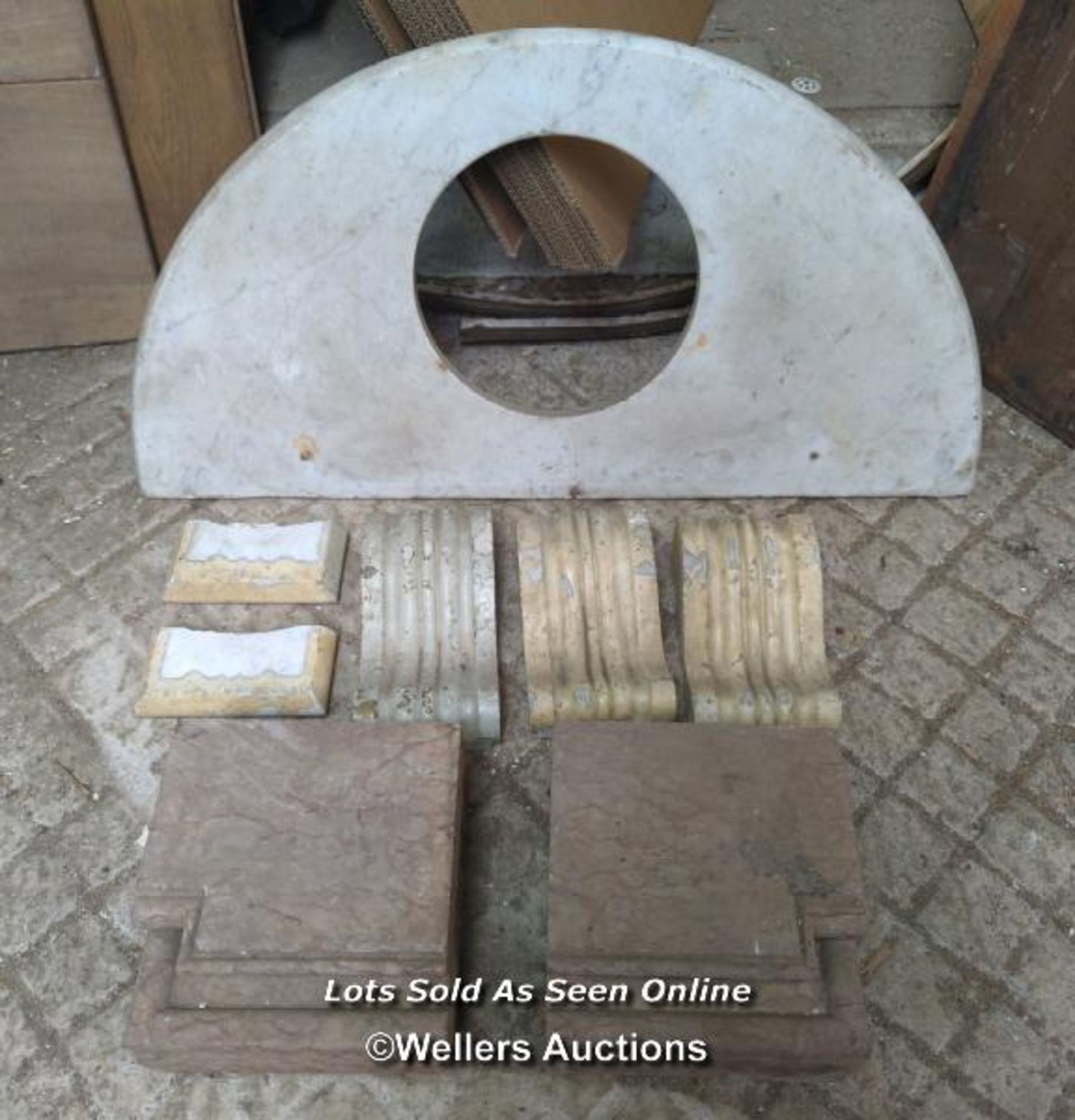 Batch of marble items inc fire corbels, a semi circular sink top 91cm x 46cm, 2 marble fire base/