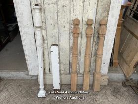 Hand carved columm and 3 turned pine newel posts.