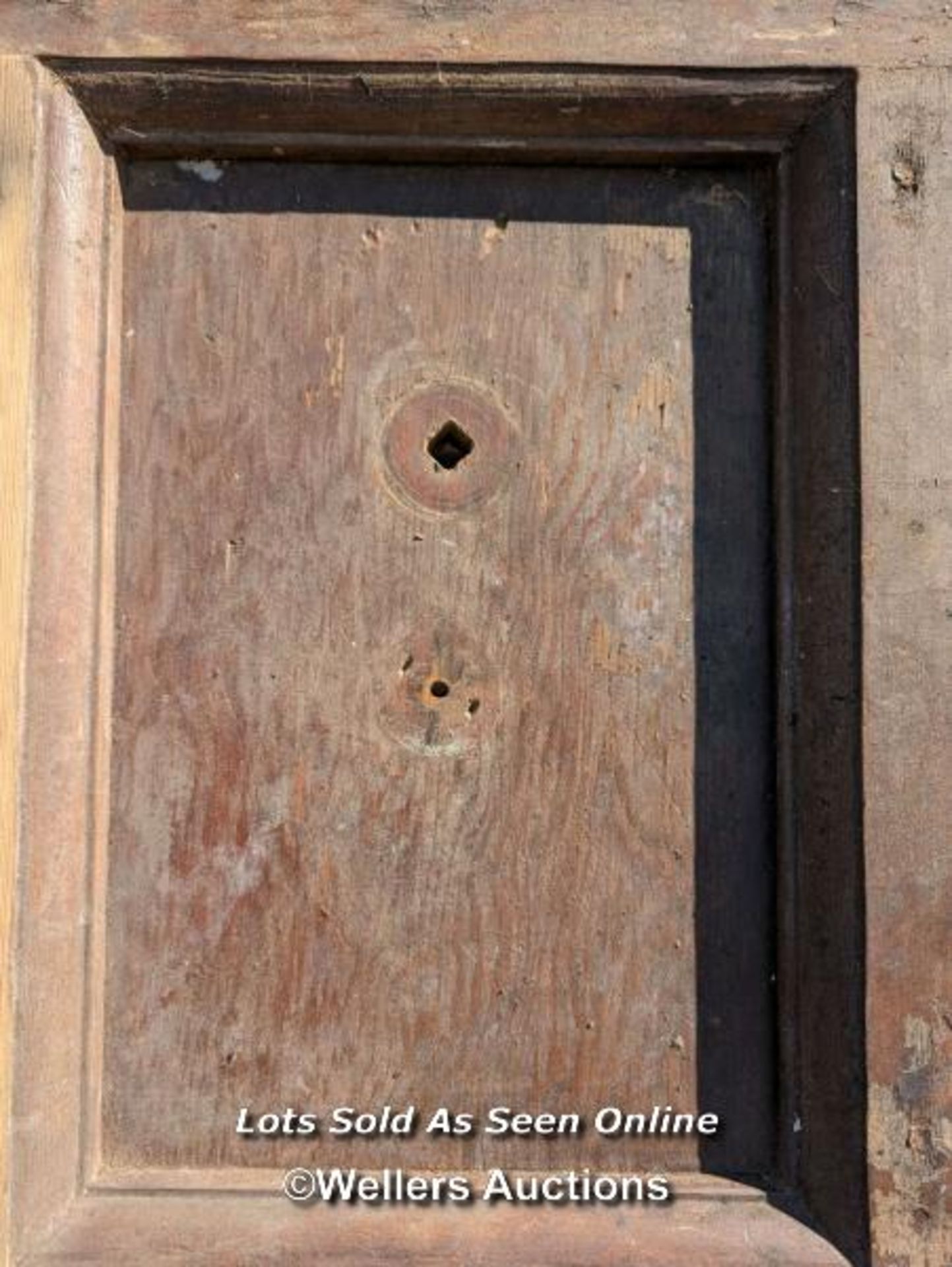 Very large pine Castle door. Pine paneled face with oak back panel. Large cast iron hinges. Size - Image 2 of 6