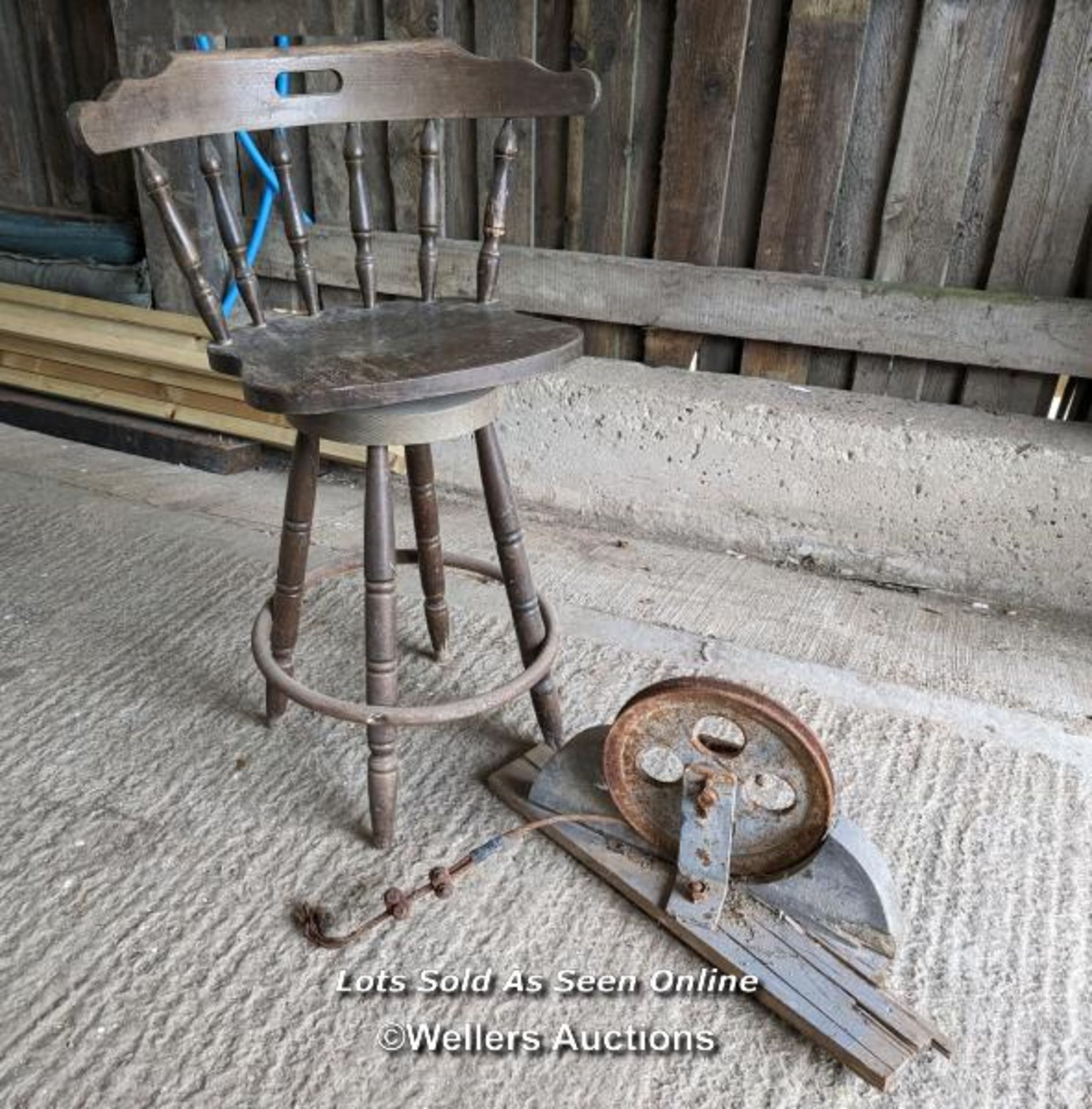 Hardwood stool with swivel chair seat plus cast iron pulley wheel (29cm diameter) and mechanism