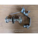 A pair of large nickel door pulls/pair of handles 3 inch across or 7.5cm and a reclaimed chrome door