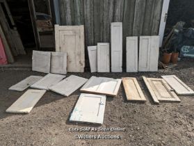 18 painted pine cupboard doors, mostly Victorian. Some were window shutters. Sizes from 42cm x