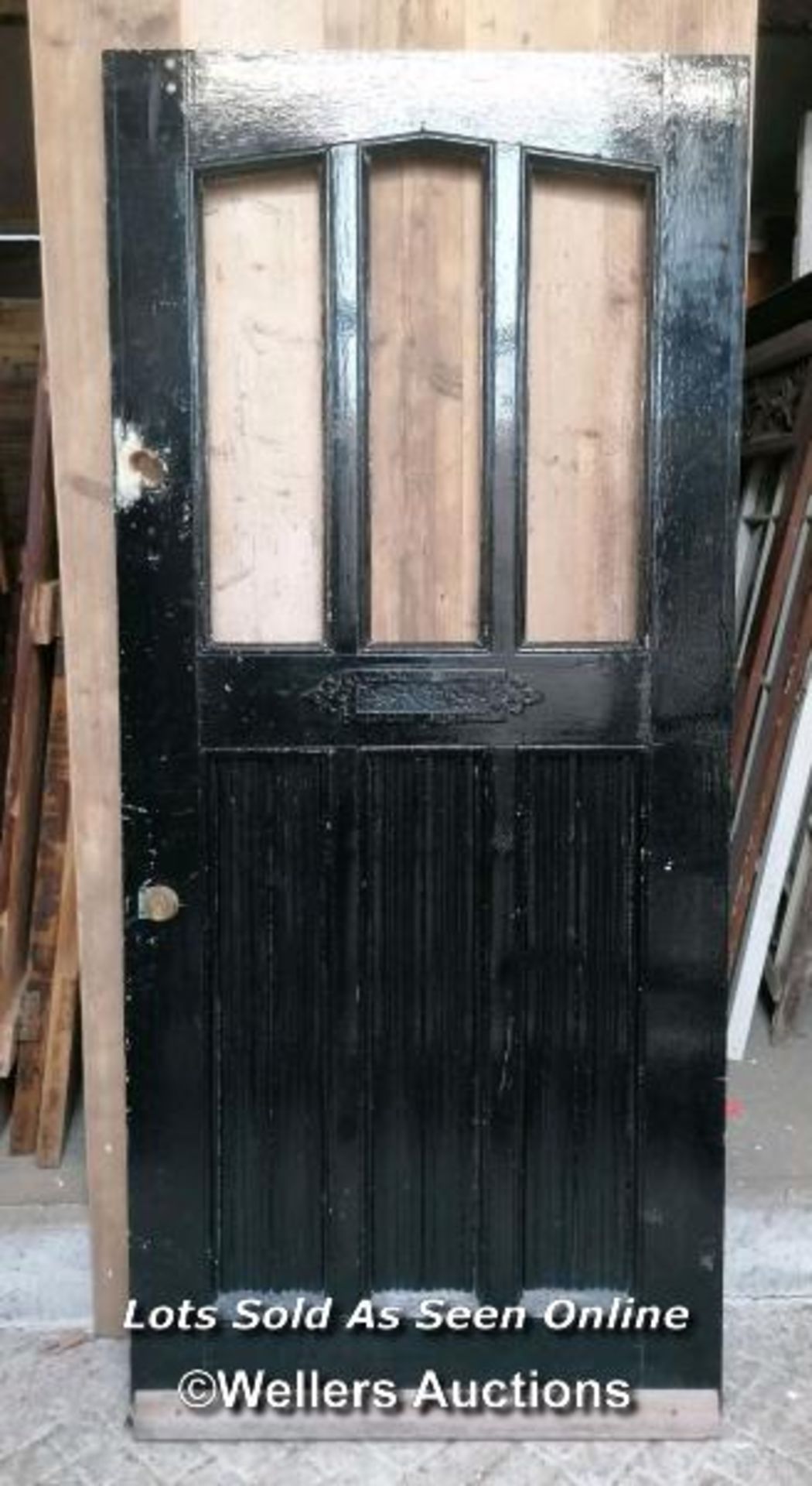 An oak front door C1910. Arts and crafts design. Painted front. 90.5cm x 199cm x 4.5cm