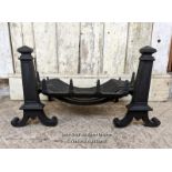 Cast iron fire basket and empire stye fire dogs. 78cm W x 45cm D when set up.